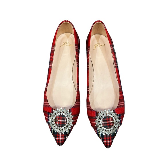 J.CREW Flats Red Stewart Tartan Crystal Buckle RARE - Picture 2 of 11